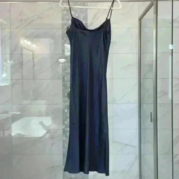 Express Charcoal Gray Satin Cowl Neck Front Side Slit Sleeveless Midi Slip Dress - Picture 8 of 12